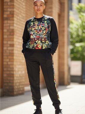 Y2K Gucci Black Joggers track set with Floral Side Panels